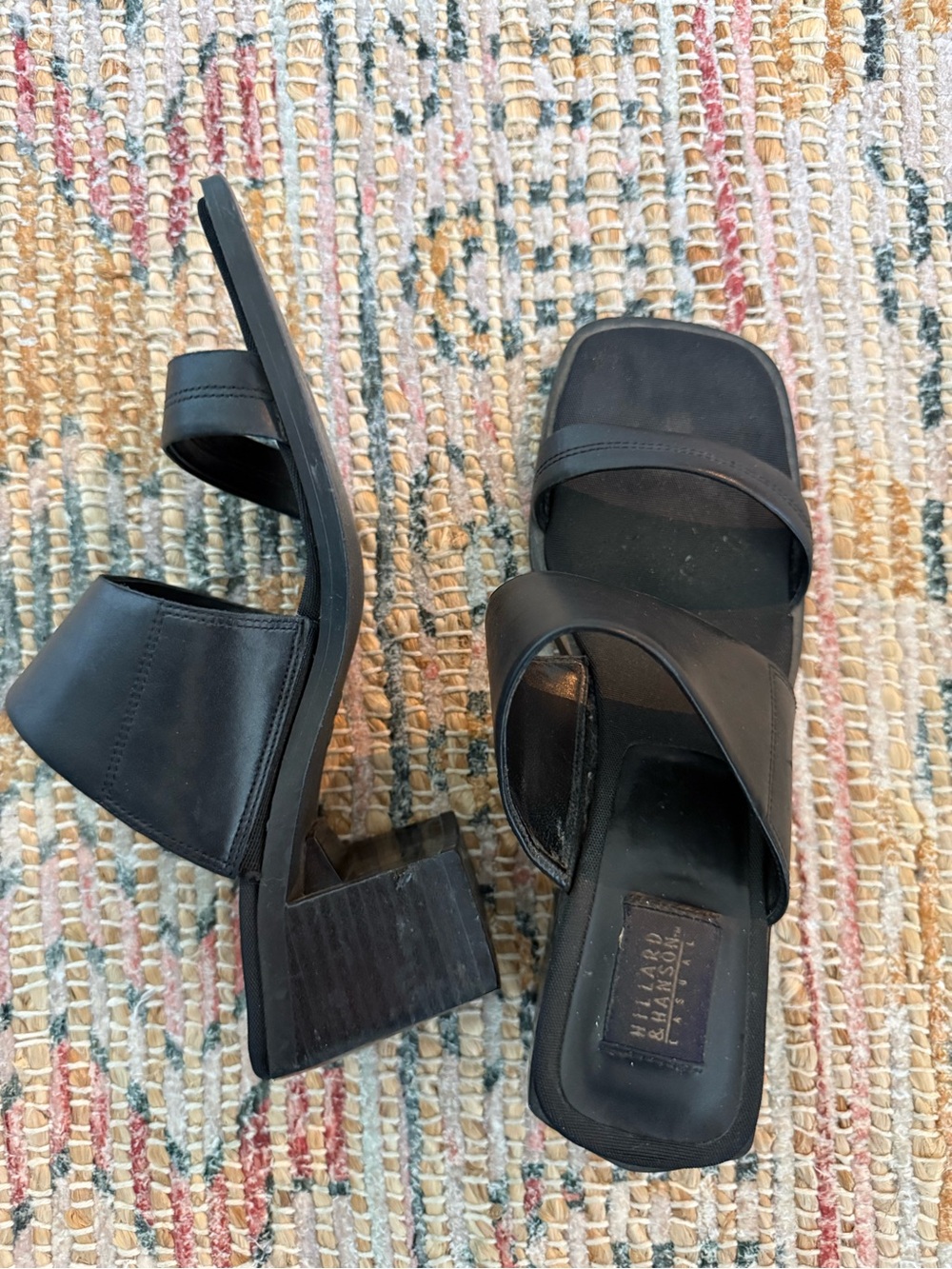 Hillard & Hanson Black Leather Two-Strap Block Heel Sandals